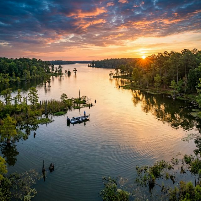 A panoramic view of Lake Fork in Texas at sunrise with a bass boat