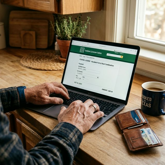 An angler purchasing a Texas fishing license on the TPWD website via a laptop