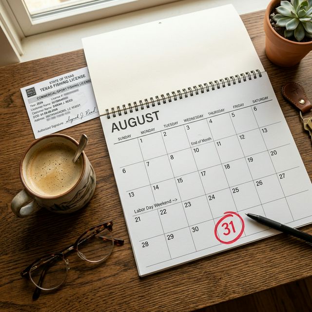 A desk calendar showing August 31st circled in red next to a Texas fishing license and coffee mug