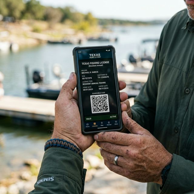 An angler holding a smartphone displaying a digital Texas fishing license
