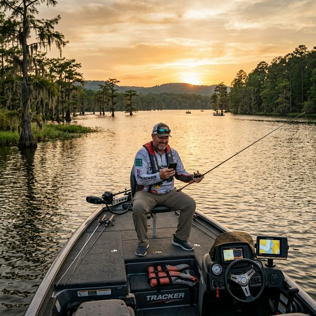 An angler checking a digital license on a smartphone aboard a bass boat
