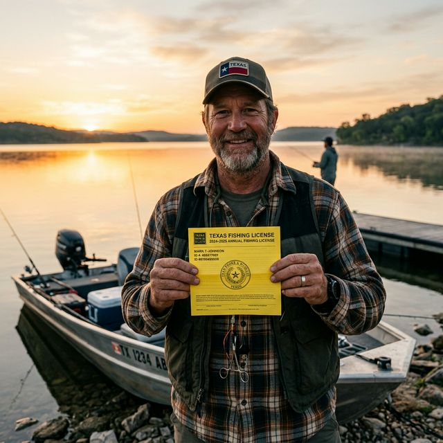 A Texas angler holding a printed yellow paper fishing license by a lake at dawn