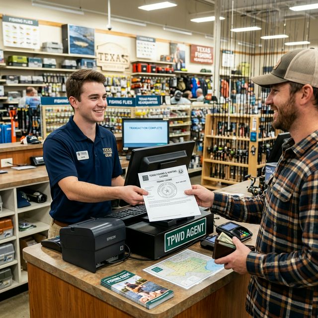 A sporting goods store clerk handing a freshly printed Texas fishing license to a customer