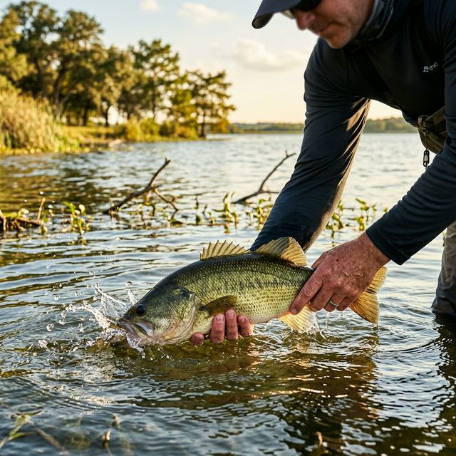 An angler's hands releasing a healthy largemouth bass back into a clear Texas lake