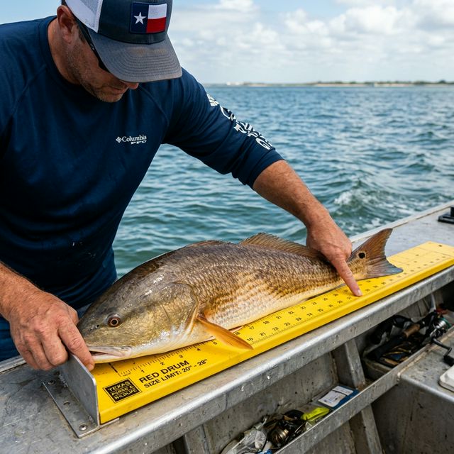 A close-up photo of a large red drum being measured on a yellow fishing boat ruler in Texas