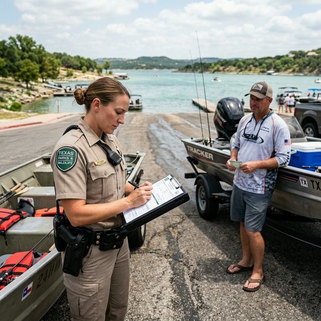A Texas Parks and Wildlife game warden writing a citation for a fishing violation at a boat ramp