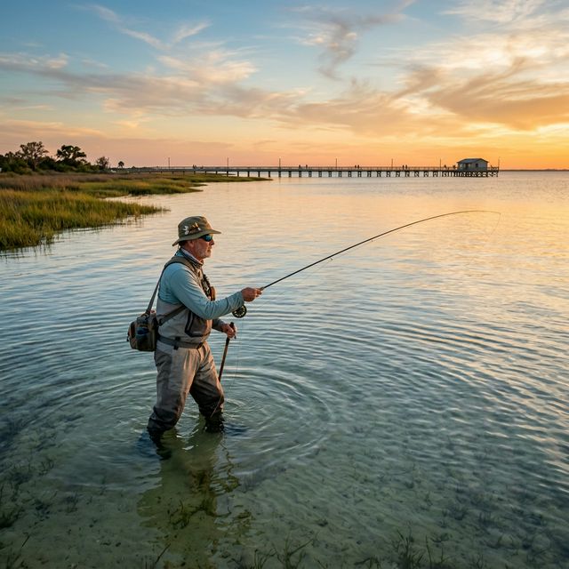 An angler wade fishing in crystal clear water in a Texas coastal bay at golden hour