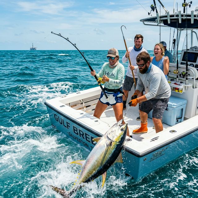 A group of anglers on a deep sea offshore charter fishing boat in the Gulf of Mexico