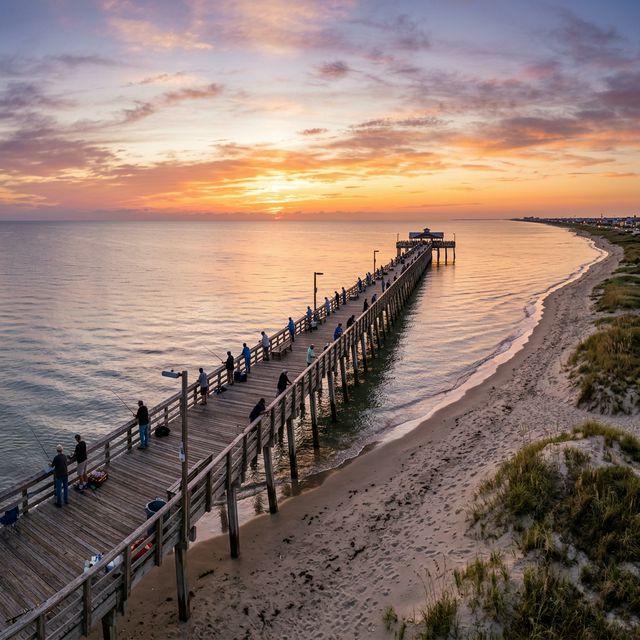A breathtaking panoramic photo of the Texas Gulf Coast at sunrise with anglers fishing from a long pier