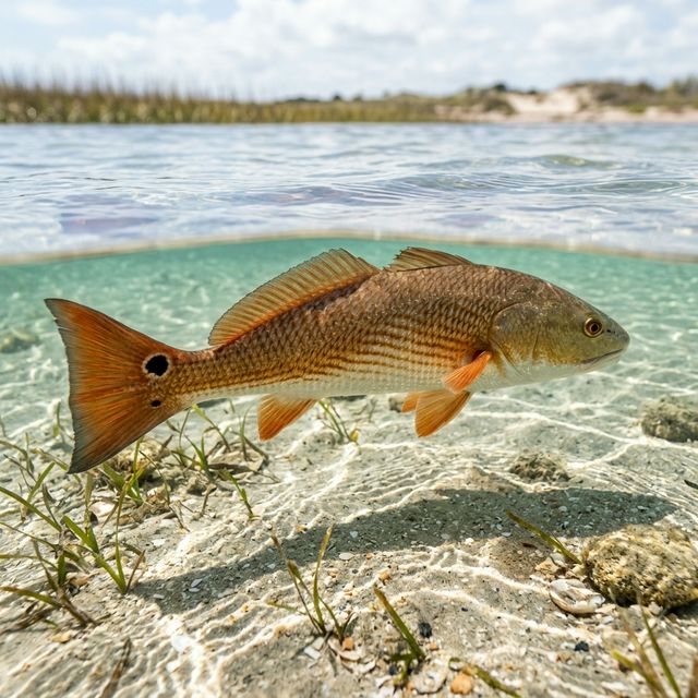 A stunning close-up of a red drum swimming in shallow, crystal-clear water along the Texas coast