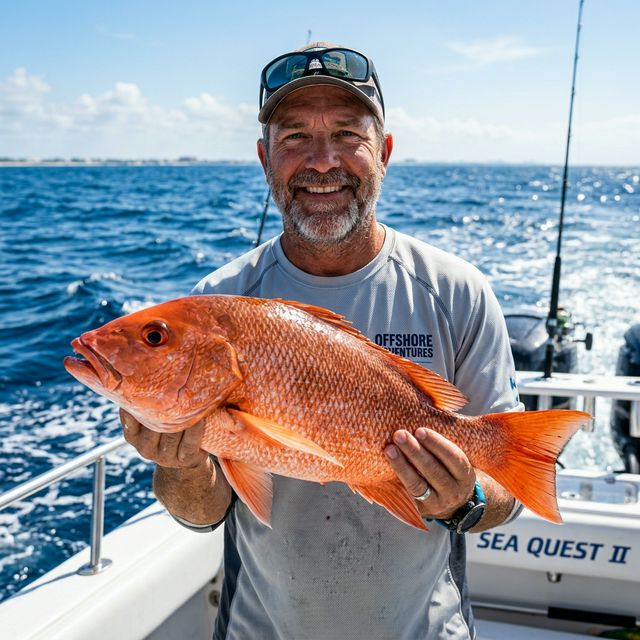 A proud angler holding a large red snapper on an offshore charter boat in the Gulf of Mexico