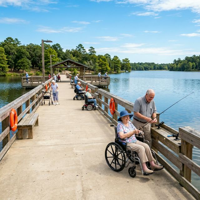 A fully accessible fishing pier over a calm Texas lake, designed for seniors with mobility limitations
