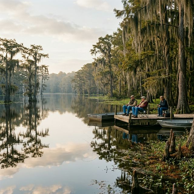 A serene flat shoreline at Caddo Lake in Texas with still waters