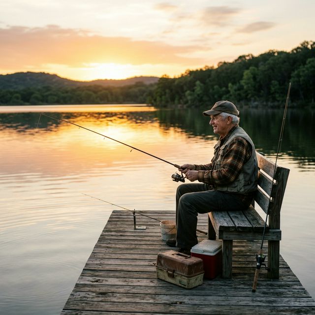 A senior man fishing from a calm lake pier at Inks Lake in Texas at sunrise
