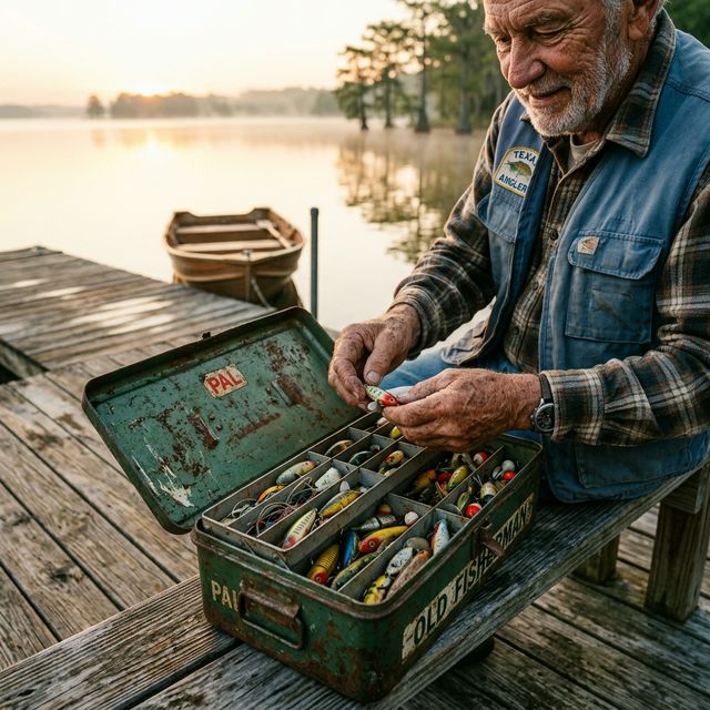 A weathered senior angler's hands organizing a vintage tackle box on a wooden dock beside a calm Texas lake