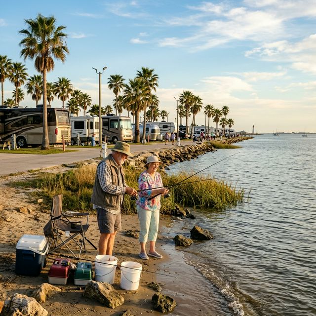 An older couple fishing from the shore of a South Texas coastal bay with RVs and palm trees in the background