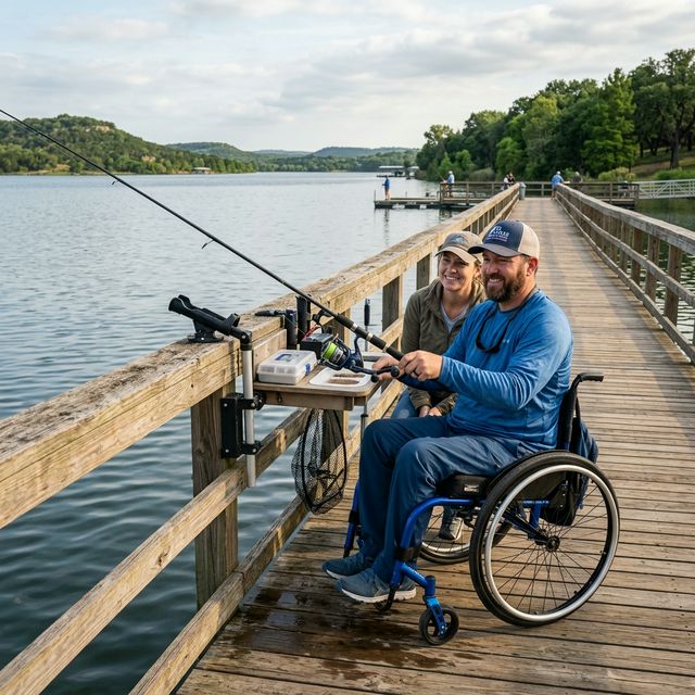 Adaptive fishing equipment setup on a sturdy wooden pier at a calm Texas lake