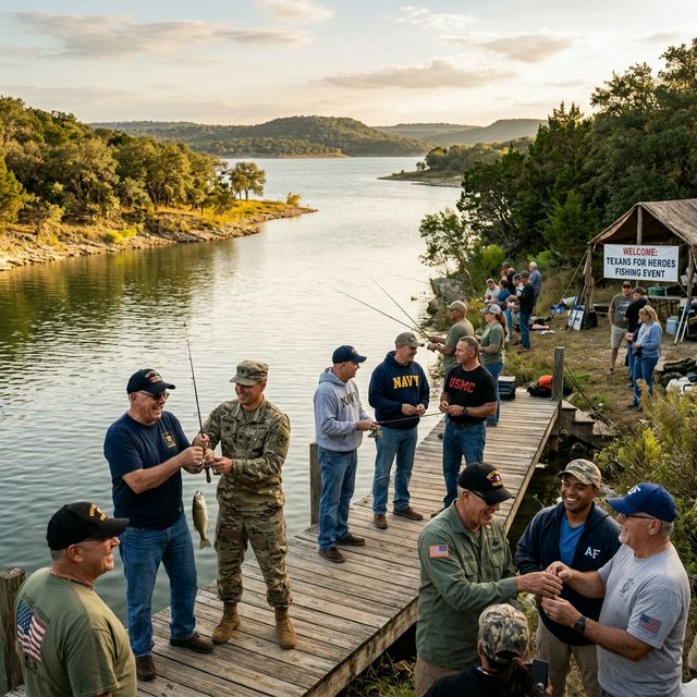 A group of active duty military members and veterans enjoying a fishing event by a beautiful lake in Texas