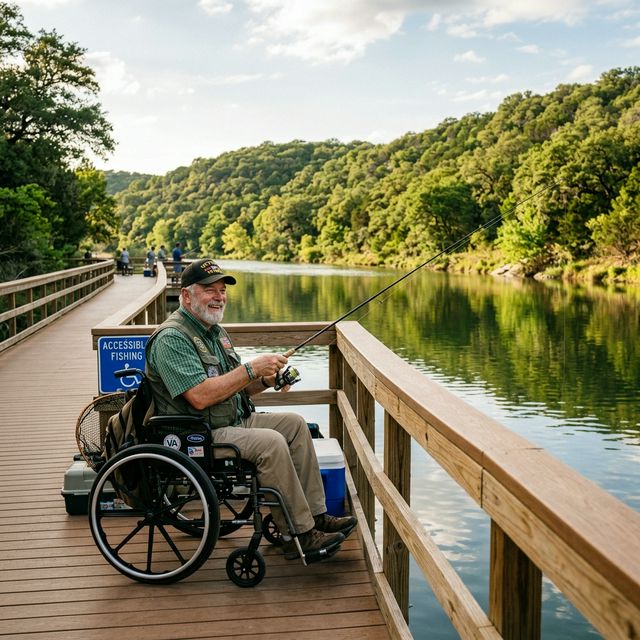 A wheelchair-bound military veteran fishing from a fully accessible wooden pier at a Texas State Park
