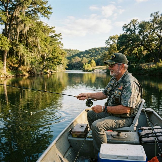 A military veteran fishing on a tranquil Texas river on a sunny day