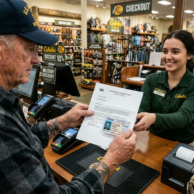 A veteran presenting VA disability documentation and a Texas Disabled Veteran ID at a sporting goods store counter
