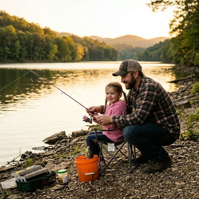 A father kneeling beside his young daughter at the edge of Beech Fork Lake in West Virginia, helping her hold a small fishing rod as she catches a bluegill, golden afternoon light and Appalachian forested hills in the background