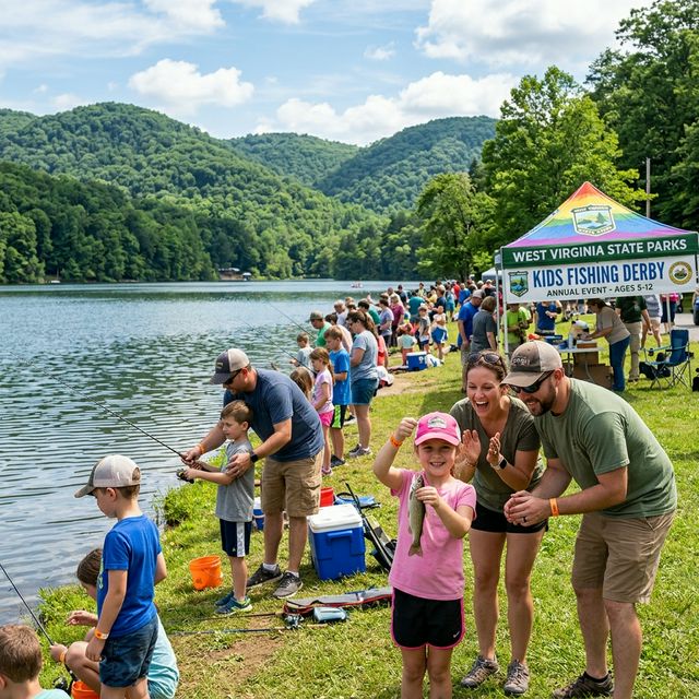 A kids fishing derby event at a West Virginia State Parks lake with children ages 5-12 and their parents gathered around the shoreline, a young girl proudly holding up a small fish, event tent with banner visible, sunny day with Appalachian hills in the background