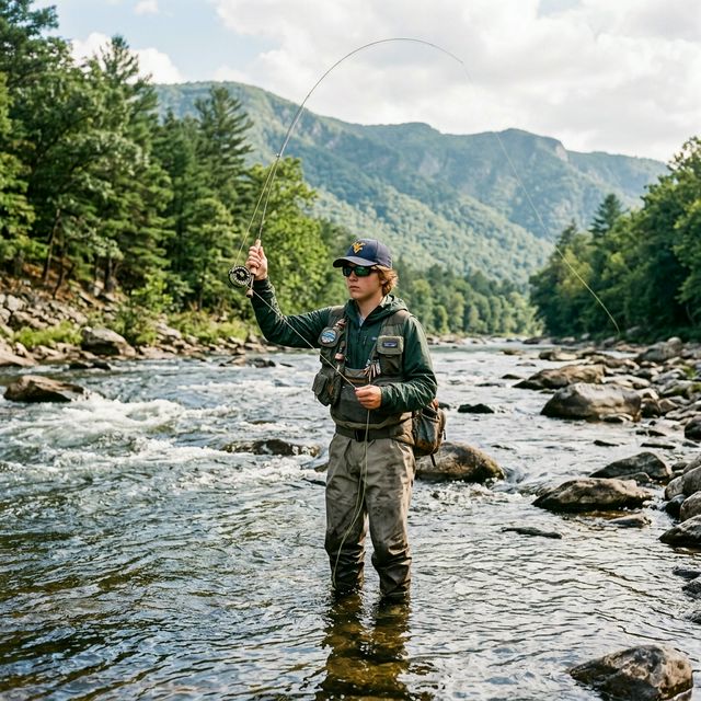 A teenage boy about 16 years old independently fly fishing in the South Branch of the Potomac River in West Virginia, wading in shallow water with a focused expression, rocky river channel with mountain ridges in the background
