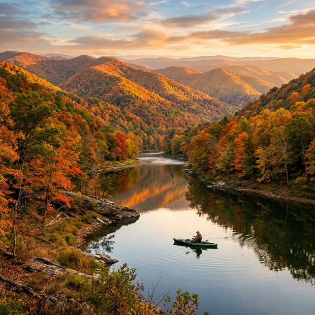 A kayak fisherman on the calm Elk River in West Virginia during peak autumn foliage, surrounded by Appalachian mountains blazing with orange and red, golden hour light painting the valley