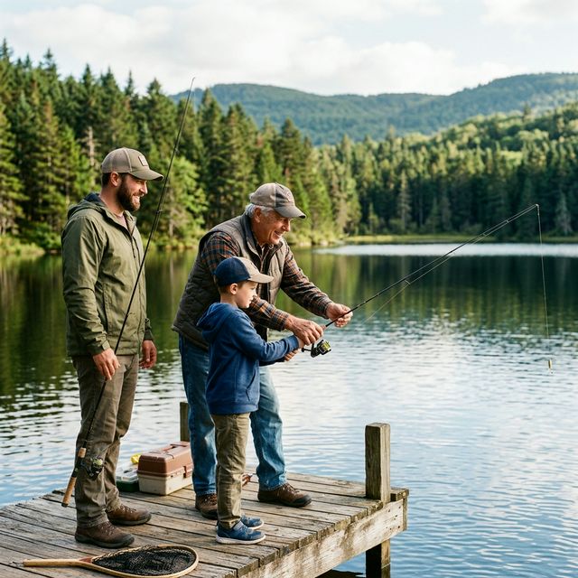 A grandfather teaching his grandson to cast a fishing rod from a wooden dock while the boy's father watches, at a spruce-lined mountain lake in West Virginia with the Appalachian highlands in the background