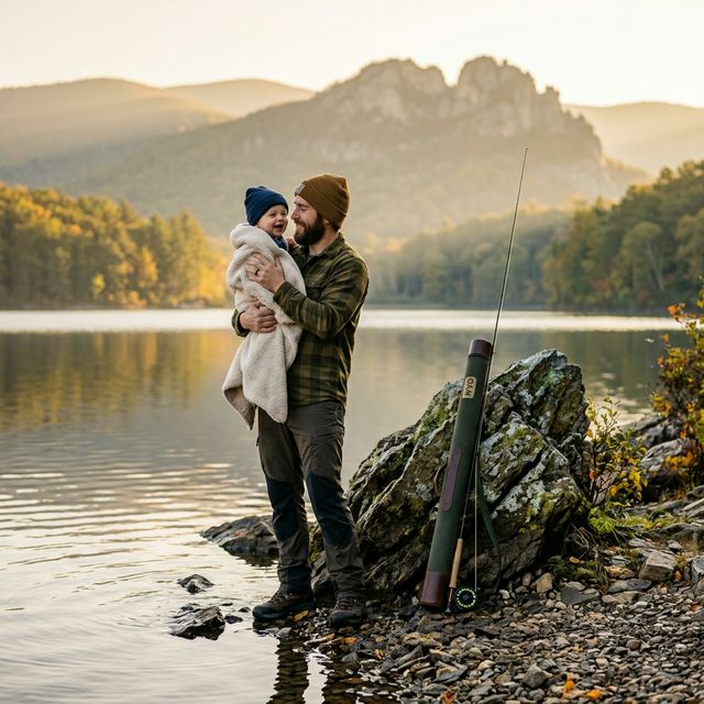 A young father holding his infant son at the edge of a mountain lake near Seneca Rocks, West Virginia, with a fly rod case leaning against a rock and misty morning light warming the scene