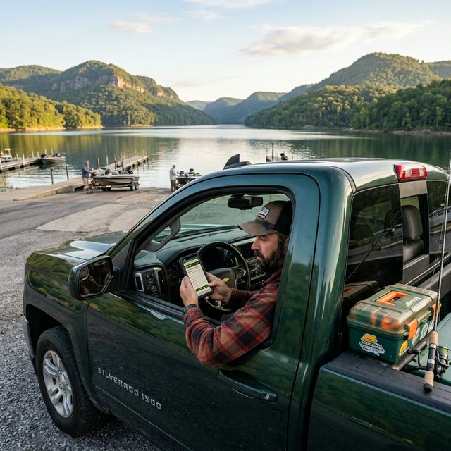 A fisherman in a flannel shirt purchasing a West Virginia fishing license on his smartphone while sitting in his truck at a mountain lake boat launch, with the lake and Appalachian hills visible in the background