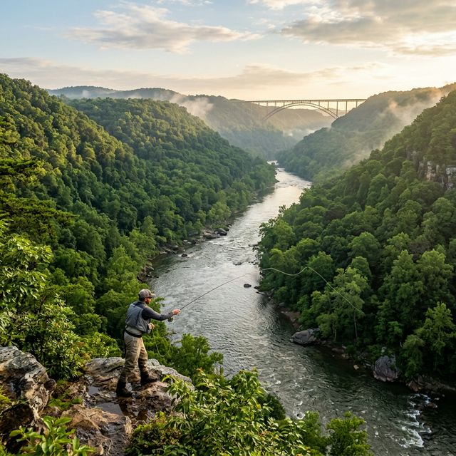 An angler fly casting from a rocky overlook above the New River in West Virginia, with the New River Gorge Bridge visible in the misty distance and dense Appalachian forest covering both valley walls