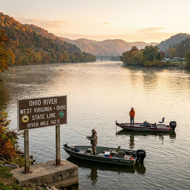 Two anglers fishing from boats on the Ohio River near a West Virginia-Ohio state line marker, with autumn-colored Appalachian hills rising on both banks and morning mist hovering over the water