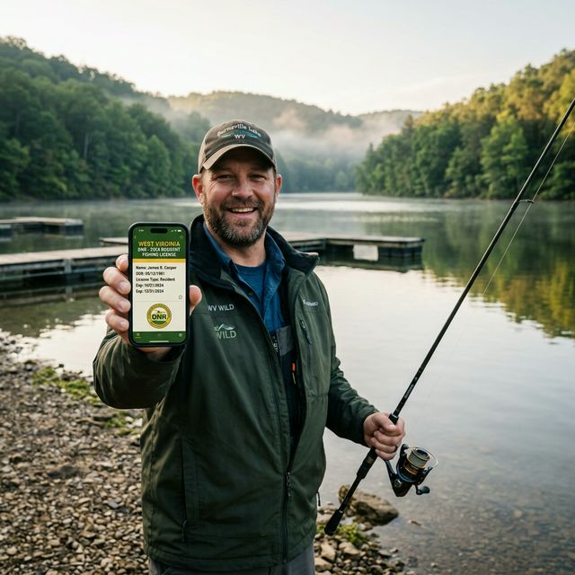 A smiling fisherman holding up his smartphone showing a digital West Virginia fishing license on screen while standing at the edge of Burnsville Lake with morning mist and wooded hills in the background