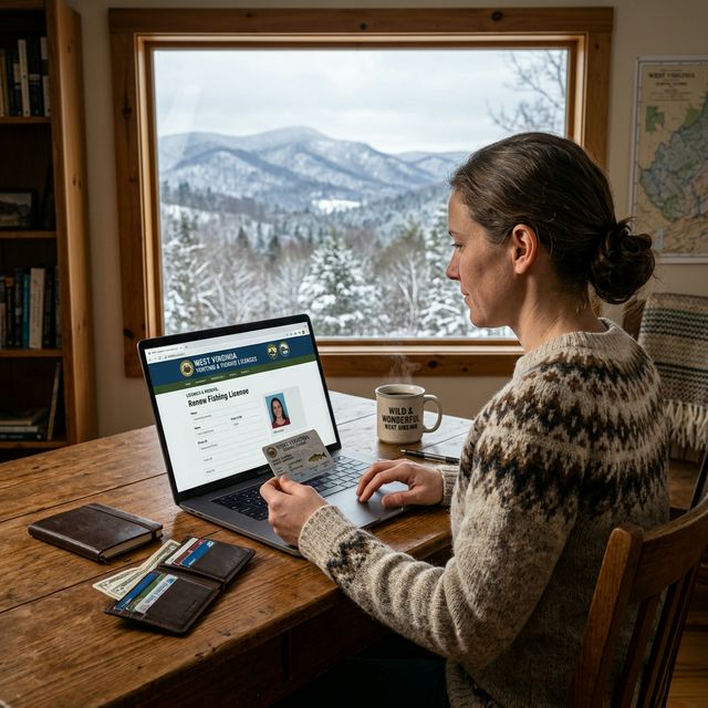 A woman sitting at a wooden desk renewing her West Virginia fishing license on a laptop showing the WVhunt.com website, license card and wallet on the desk, winter Appalachian mountain scene visible through the window