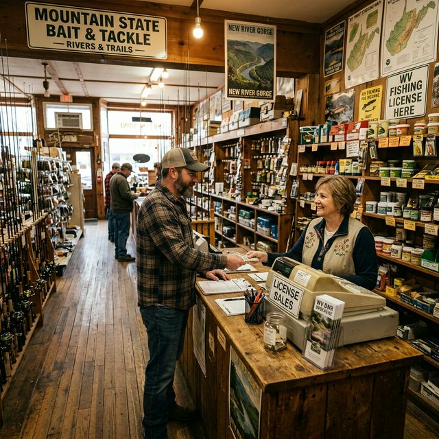 A customer purchasing a fishing license at the counter of a small-town bait and tackle shop in rural West Virginia, vintage wooden floor, fishing gear on shelves, friendly atmosphere with hand-lettered signs