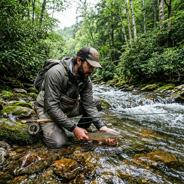 A fly fisherman carefully releasing a brook trout back into crystal clear water on a mountain stream in the Cranberry Wilderness, West Virginia, surrounded by dense rhododendron and moss-covered rocks