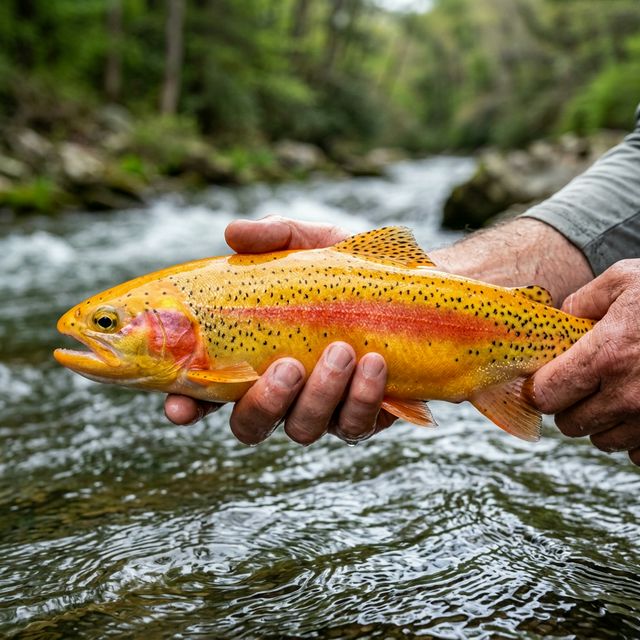 Close-up of a stunning Golden Rainbow Trout being held just above clear stream water in West Virginia, showing brilliant gold and orange coloring with distinctive spots, mountain stream blurred in background