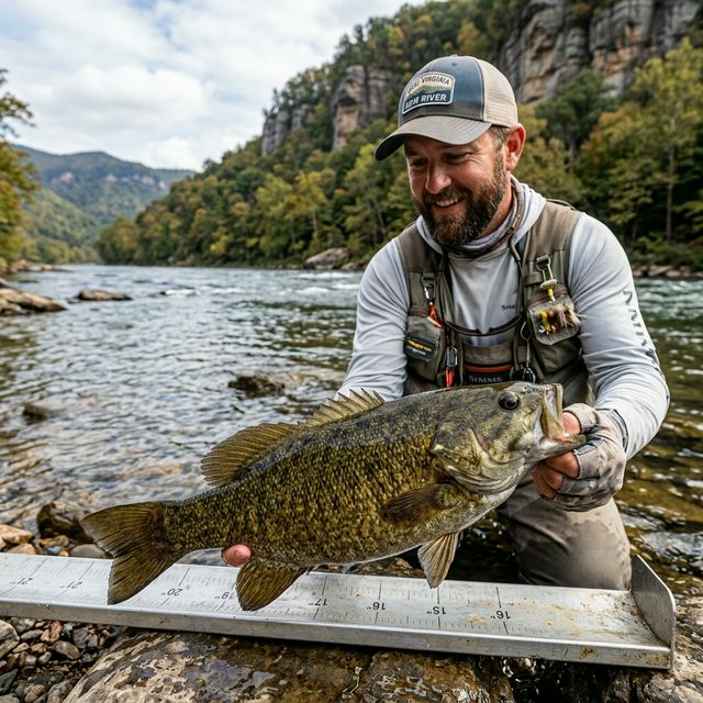 A fisherman holding a large smallmouth bass next to a measuring board on the bank of the New River in West Virginia, with Appalachian sandstone cliffs rising in the background and clear water visible