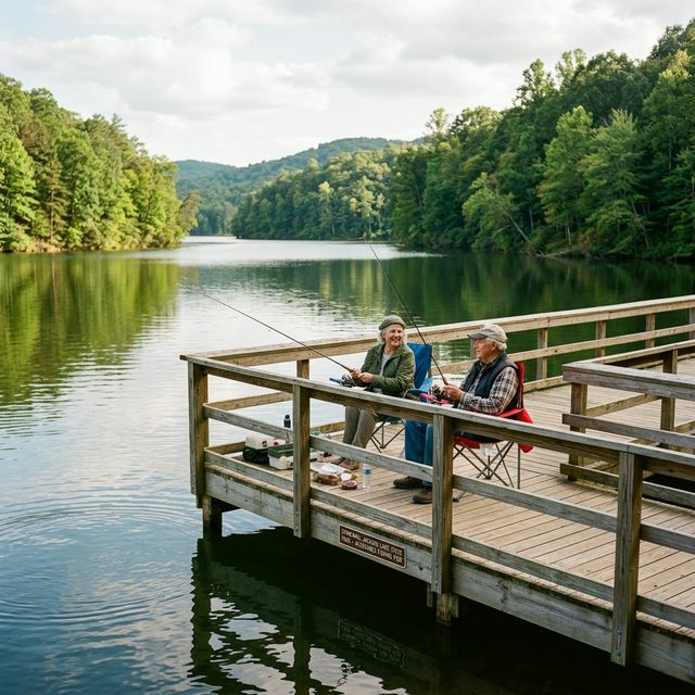 An elderly couple sitting in folding chairs on an ADA-accessible fishing pier extending into a calm lake at a West Virginia state park, surrounded by dense Appalachian forest