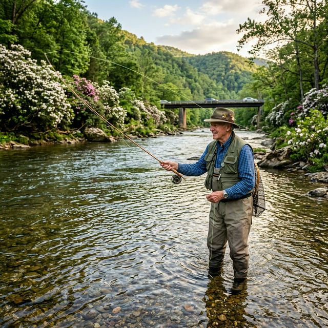 A retired senior man wading in the gentle shallows of the Greenbrier River in West Virginia, fly fishing with a bamboo rod, clear water over limestone gravel, mountain laurel blooming on the banks, small-town bridge in distance