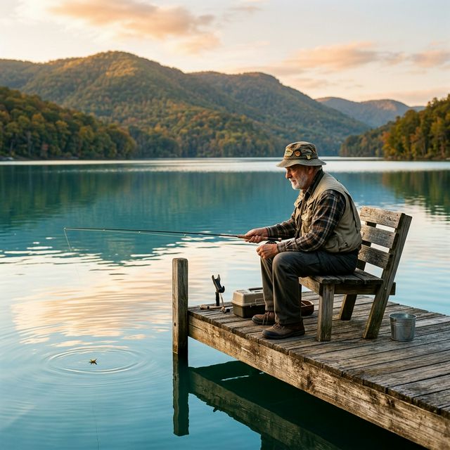 A senior man in his late 60s peacefully fishing from a wooden dock on Summersville Lake, West Virginia, with golden morning light reflecting off the calm turquoise water and Appalachian Mountains in the background