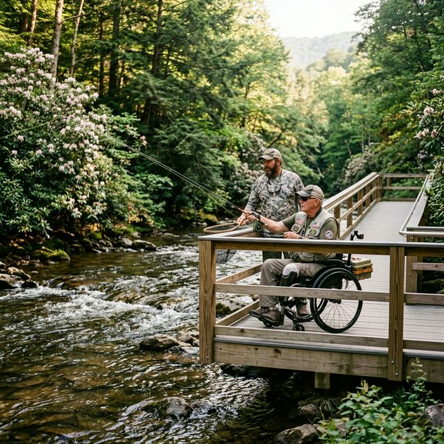 A disabled veteran in a wheelchair fly fishing from an accessible wooden platform over a mountain stream in West Virginia, with another veteran standing nearby as a guide, surrounded by rhododendron and hemlock trees