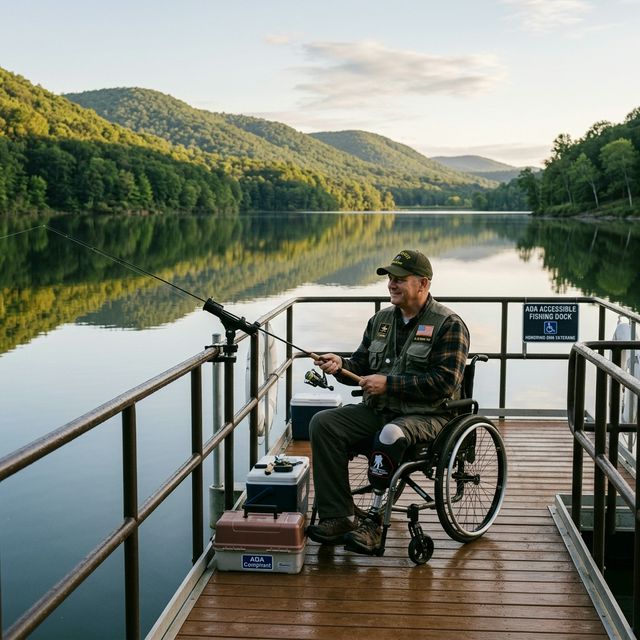 A veteran using adaptive fishing equipment from a wheelchair on an ADA-accessible fishing dock at a West Virginia mountain lake, American flag patch on his jacket, calm lake reflecting Appalachian mountains in morning light