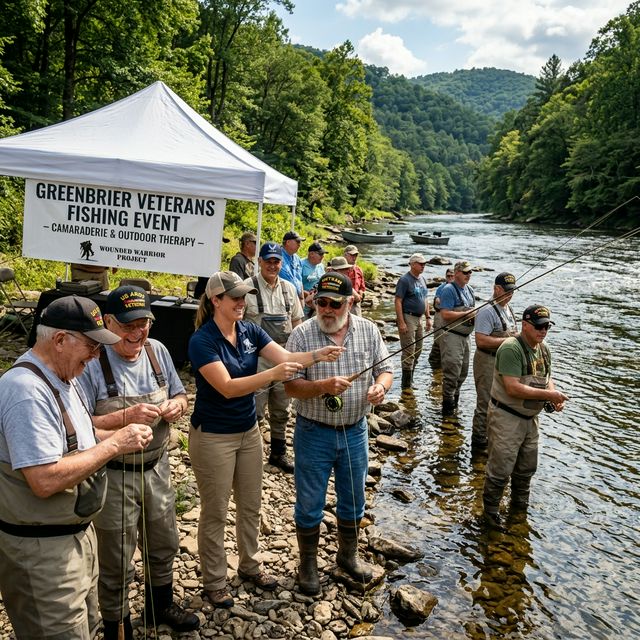 A group of military veterans gathered at an organized fishing event on the Greenbrier River in West Virginia, wearing veteran hats, with a tent and event banner visible, fly fishing instruction happening along the riverbank