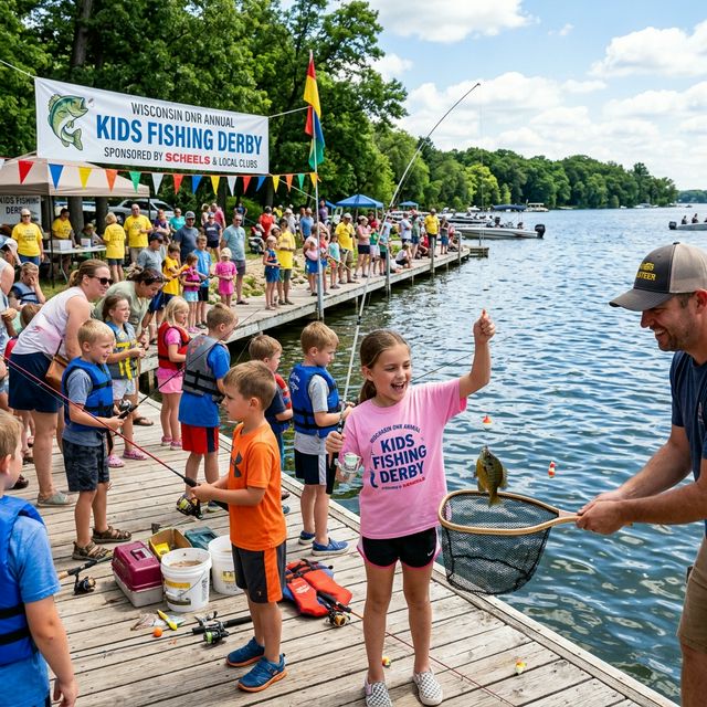 A kids fishing derby at a Wisconsin lake with dozens of children fishing from a dock and shoreline, a girl in a pink shirt holding up a bluegill in triumph while a volunteer with a net assists, parents and event banners in the background