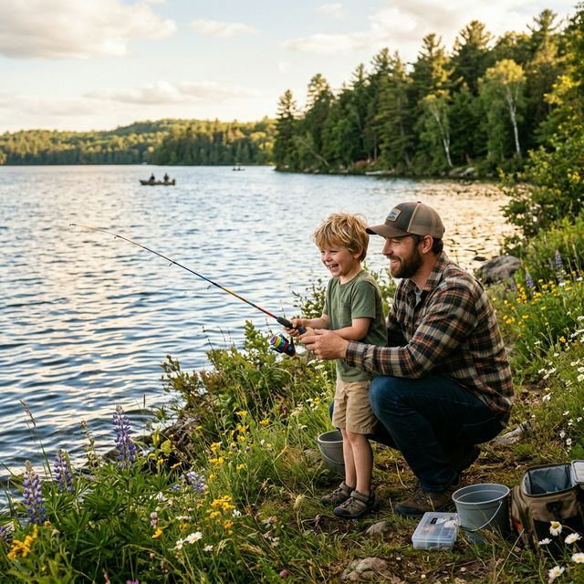 A father crouching beside his young son on the wildflower-lined shore of a Wisconsin lake at golden hour, teaching the boy to hold a small fishing rod while both grin with excitement