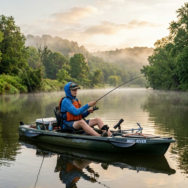 A teenage boy fishing independently from a kayak on a calm Wisconsin Driftless Area river, wearing a life jacket and holding a spinning rod, with lush green rolling hills and morning mist on the water