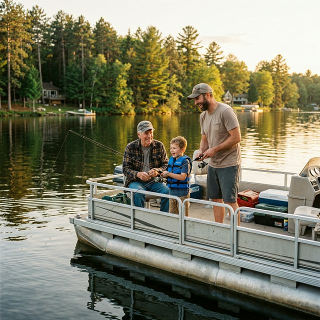Three generations of a family — grandfather, father, and young son — fishing together from a pontoon boat on a Wisconsin Northwoods lake at golden hour, pine forest shoreline in the background